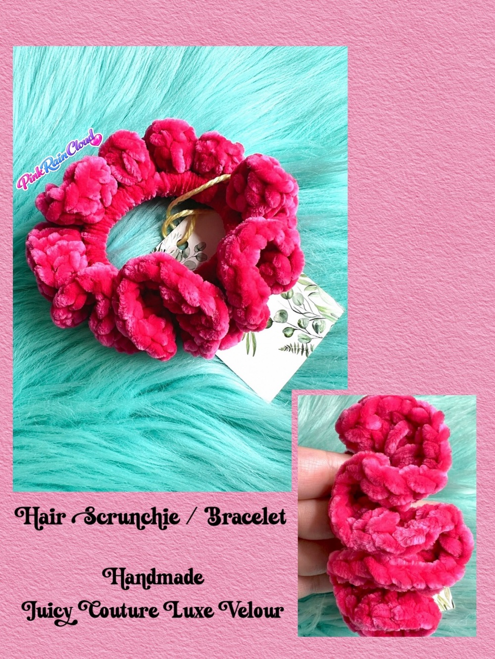 PinkRainCloud Handmade Luxe Velvet Hot Pink Crochet Plush Hair Scrunchie